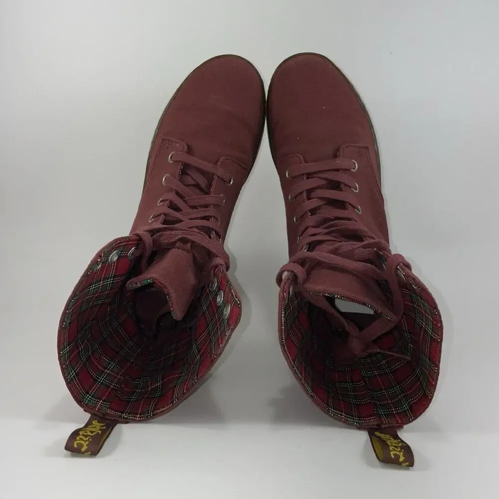 Dr Martens Docs Stratford Canvas Fold Over Boots Womens Size 6 Red Tartan Inlay